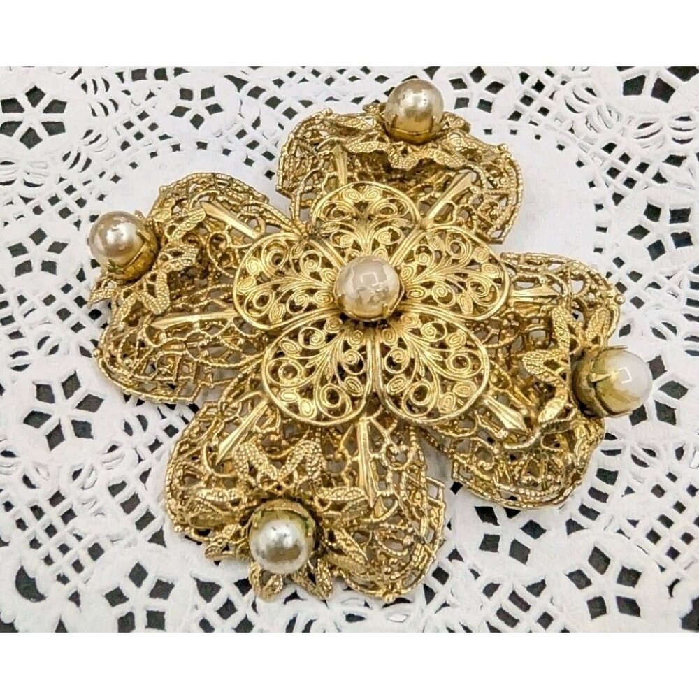 Vtg Brooch Filigree Maltese Cross Faux Pearls Possibly unmarked Miriam Haskell